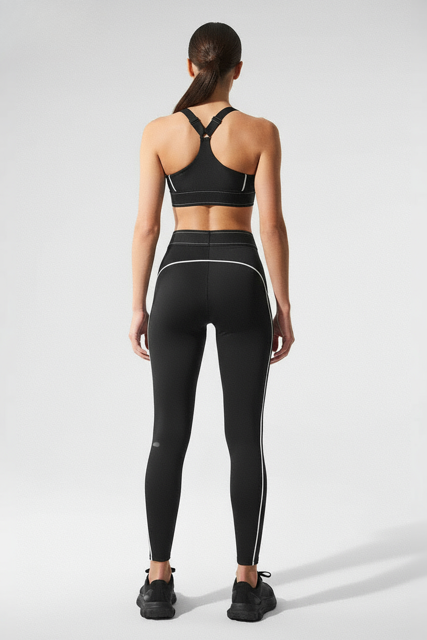 Siyah Renk Yandan Çizgili Dar Kalıp Yüksek Bel Spor Yoga Tayt