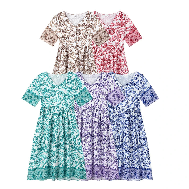 The New V-neck Floral Dress Beach Holiday Skirt Loose and Long Skirt