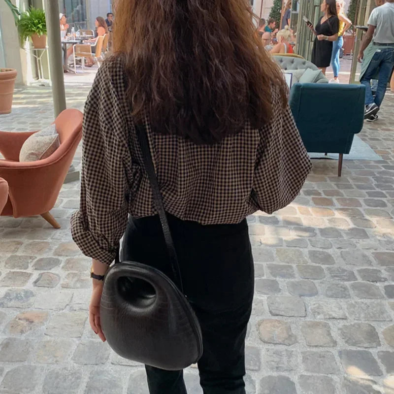 Blouses Women Button Fly Plaid Printed O-neck Shirts Womens Vintage Casual Loose Tops Chic Trendy Gentle Designer Retro Clothing