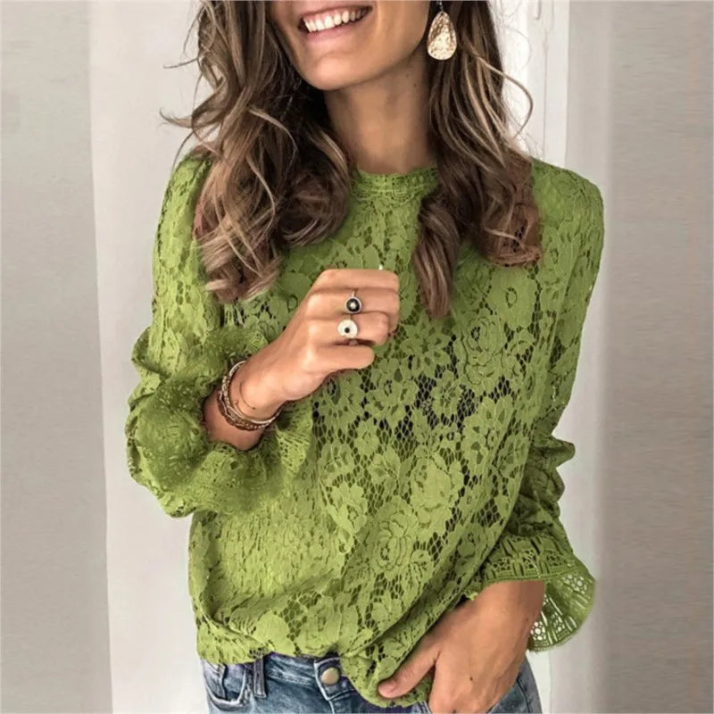 Elegant Blouses Women Fall Solid Color Flared Sleeve O-Neck Hollow Out Lace Shirt Sweater Long Sleeve   Top Blouse Women Clothes