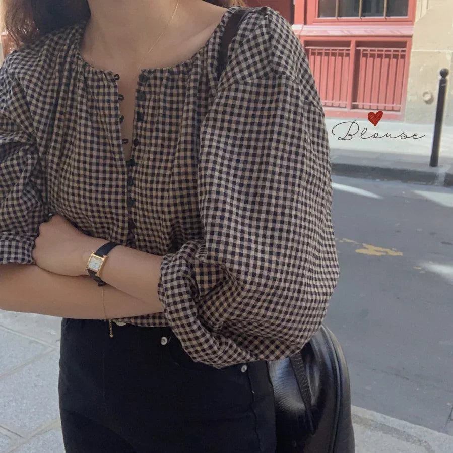 Blouses Women Button Fly Plaid Printed O-neck Shirts Womens Vintage Casual Loose Tops Chic Trendy Gentle Designer Retro Clothing