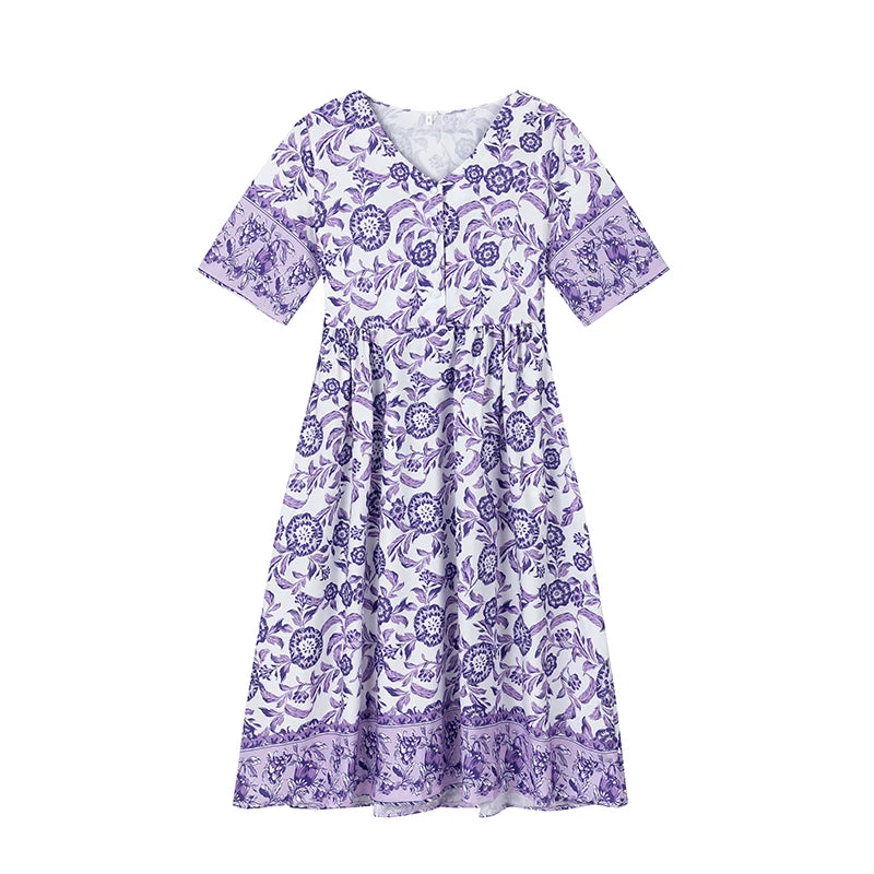 The New V-neck Floral Dress Beach Holiday Skirt Loose and Long Skirt