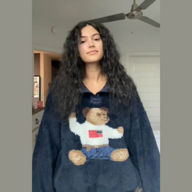 Women's Sweatshirts Cute Bear Pattern Blouses High Collar Warm Polar Fleece Sweater Soft Tops 2025 New Winter Lady Y2K Clothes