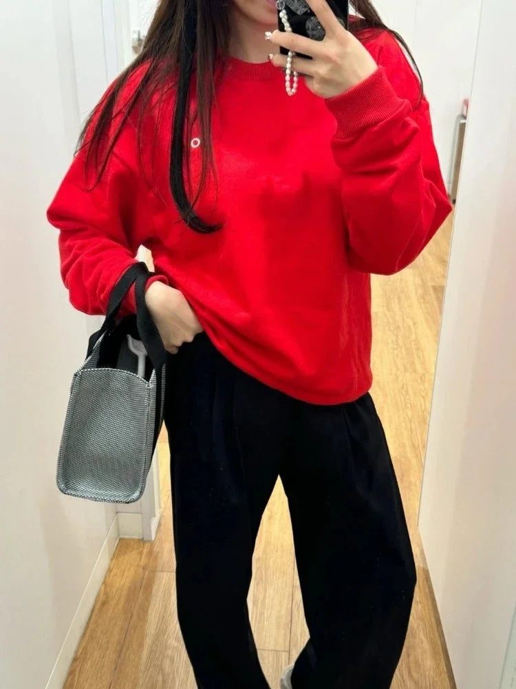 Women's Sports Sweatshirts O Neck Solid Black Red Classic Letter Loose Casual Pullovers Fashion Long Sleeve Hoodies for Women
