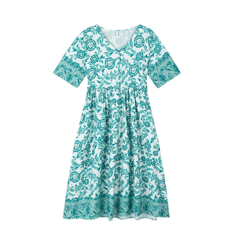 The New V-neck Floral Dress Beach Holiday Skirt Loose and Long Skirt