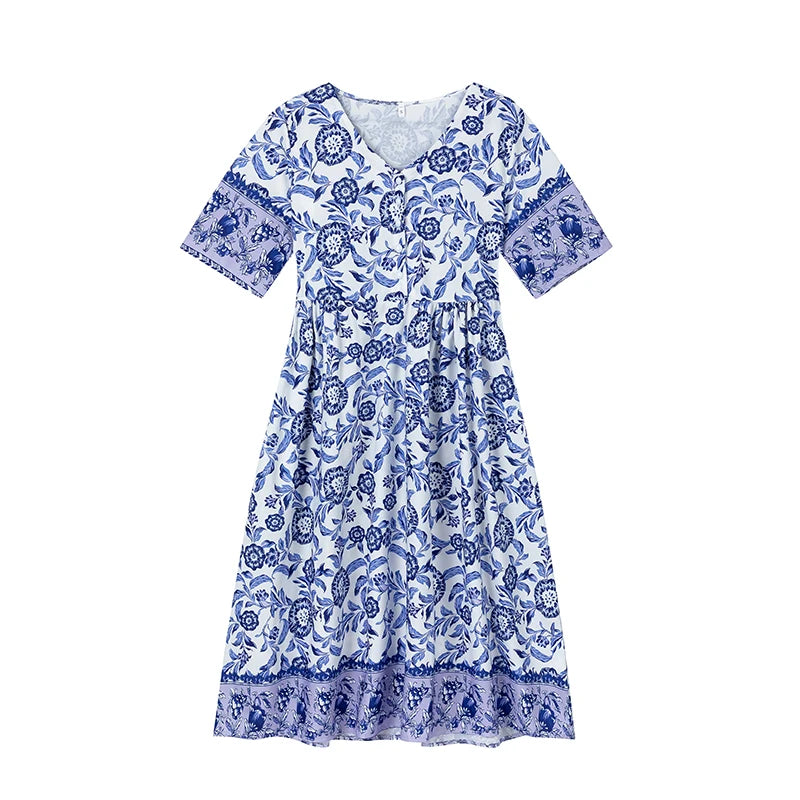 The New V-neck Floral Dress Beach Holiday Skirt Loose and Long Skirt