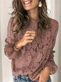 Elegant Blouses Women Fall Solid Color Flared Sleeve O-Neck Hollow Out Lace Shirt Sweater Long Sleeve   Top Blouse Women Clothes