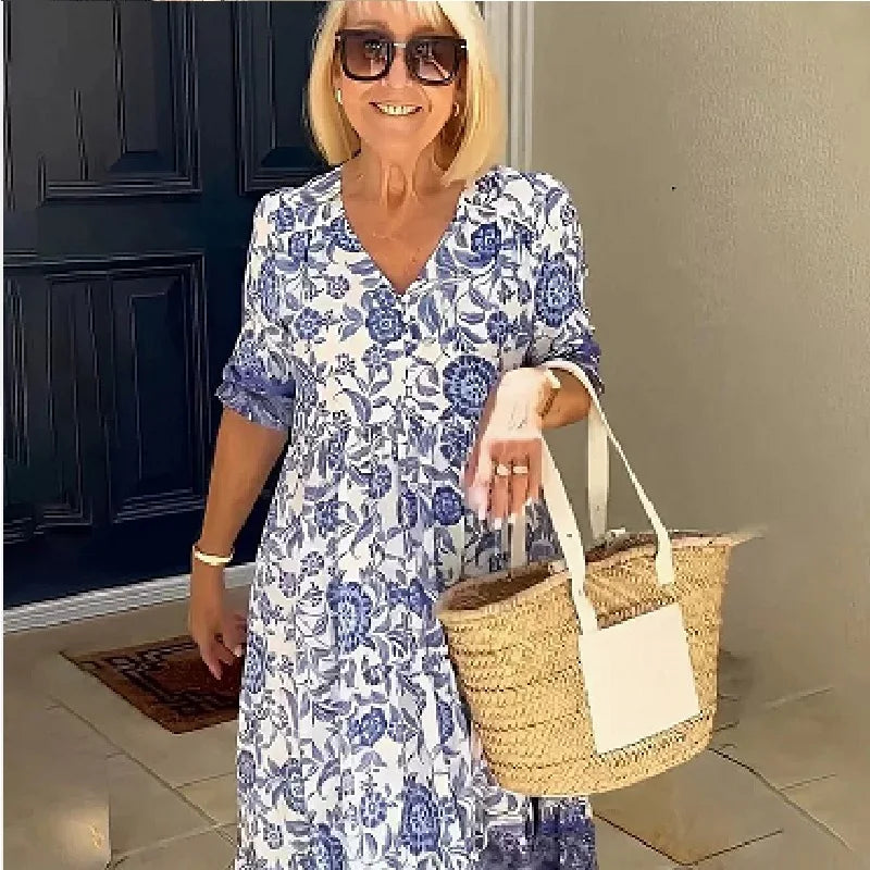 The New V-neck Floral Dress Beach Holiday Skirt Loose and Long Skirt