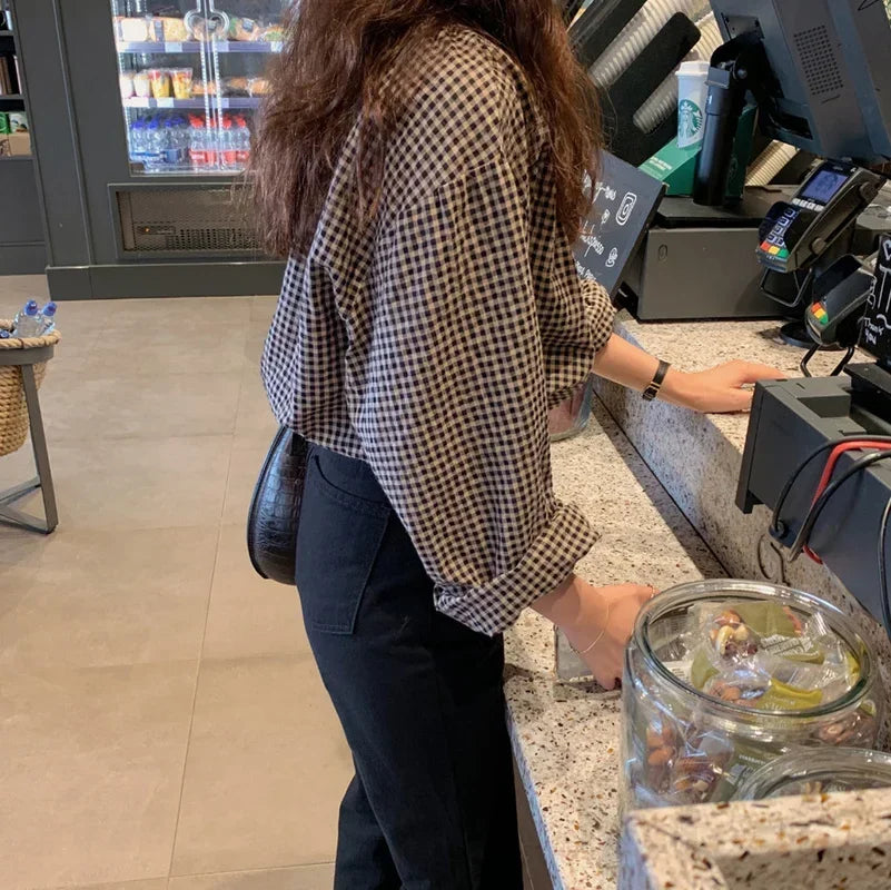 Blouses Women Button Fly Plaid Printed O-neck Shirts Womens Vintage Casual Loose Tops Chic Trendy Gentle Designer Retro Clothing