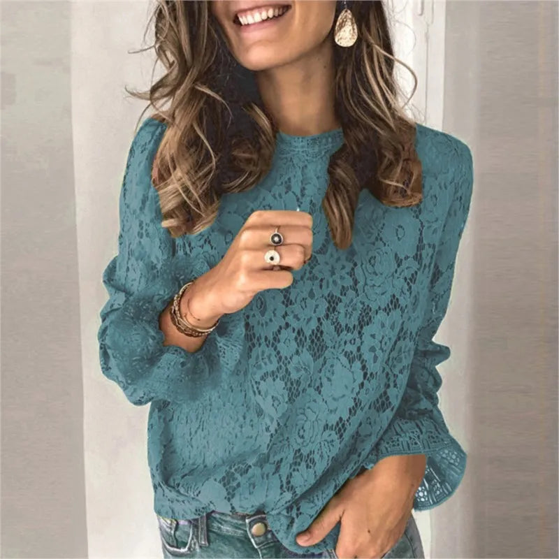 Elegant Blouses Women Fall Solid Color Flared Sleeve O-Neck Hollow Out Lace Shirt Sweater Long Sleeve   Top Blouse Women Clothes