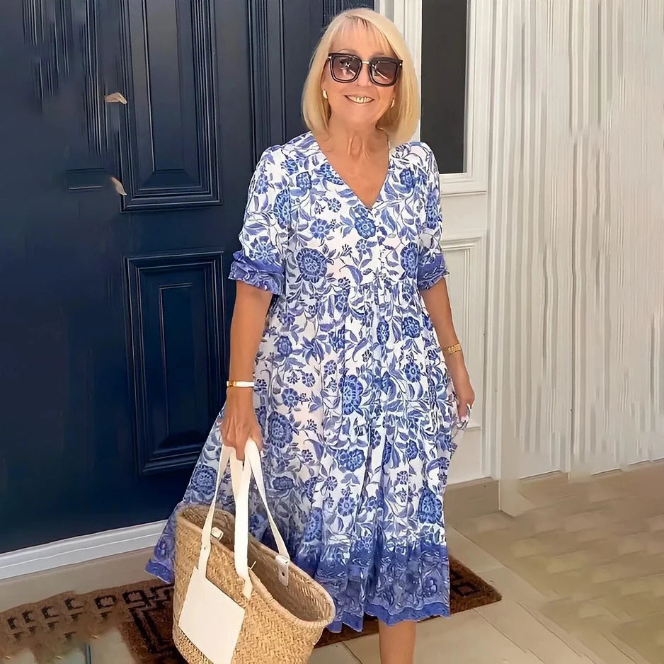 The New V-neck Floral Dress Beach Holiday Skirt Loose and Long Skirt