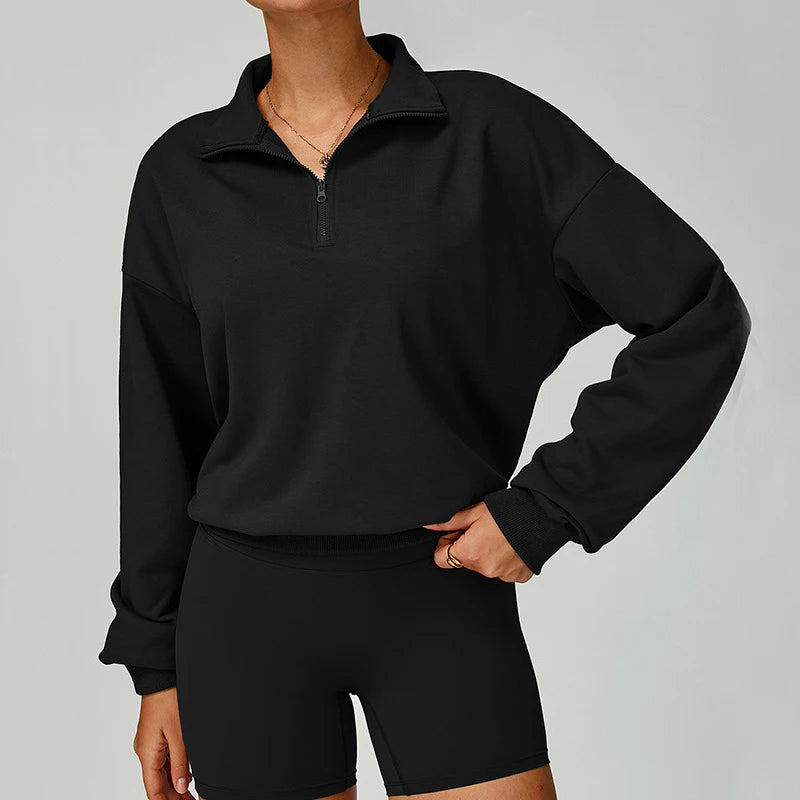 Cropped Sweatshirts for Women Cotton Long Sleeve Sweaters Quarter Zip Pullover Fall Outfits Oversized Hoodies Comfy Winter Cloth