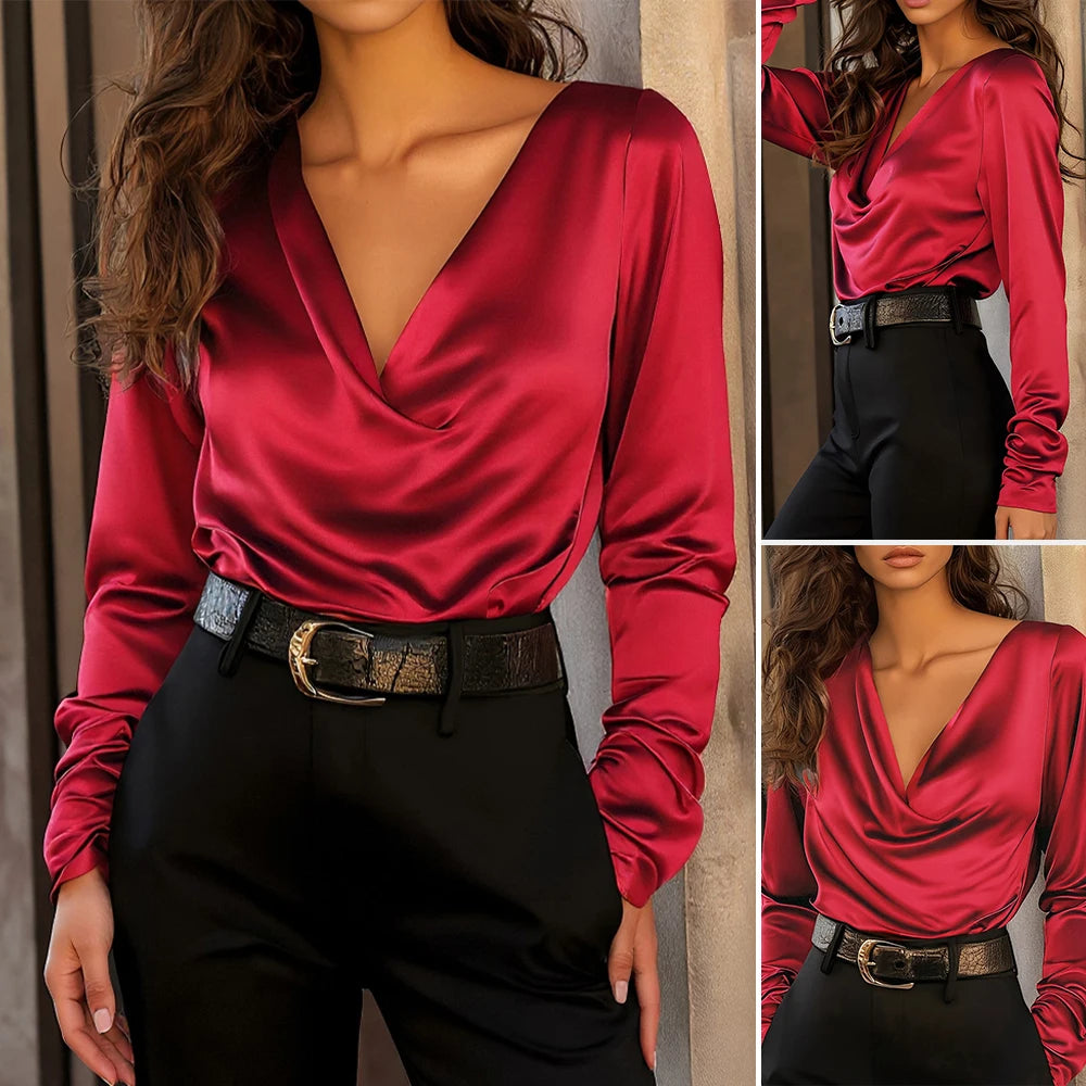 Women's Blouses 2025 Autumn Office Elegant Solid Color Long Sleeve Cowl Neck Fitting Slim Business Blouse