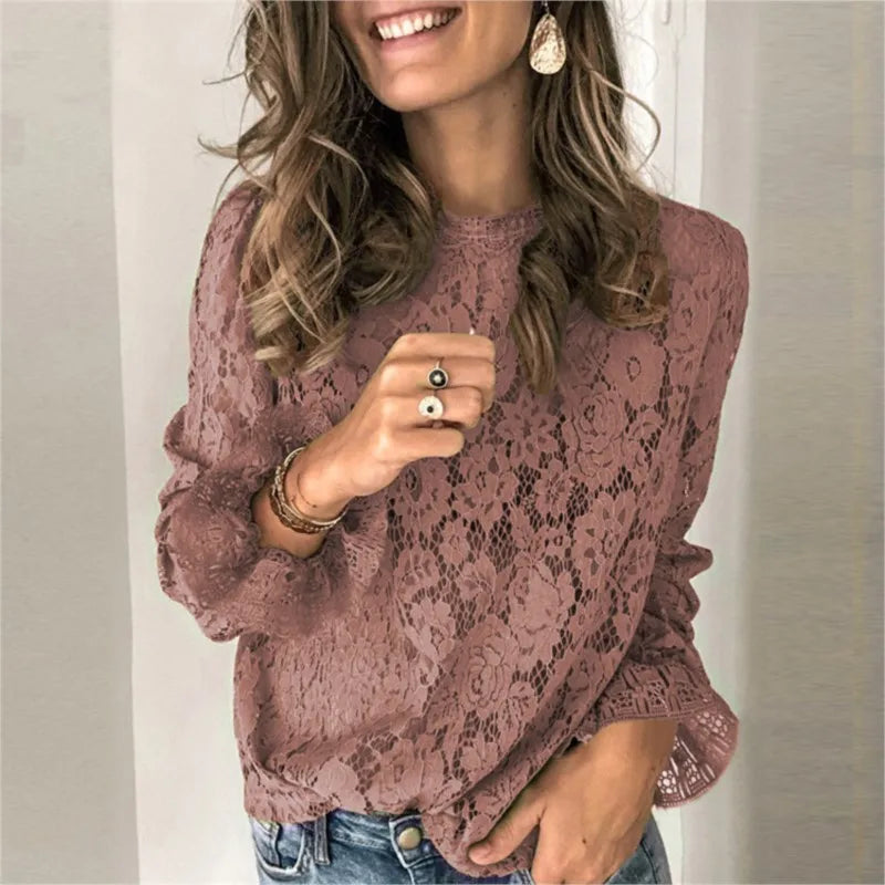 Elegant Blouses Women Fall Solid Color Flared Sleeve O-Neck Hollow Out Lace Shirt Sweater Long Sleeve   Top Blouse Women Clothes