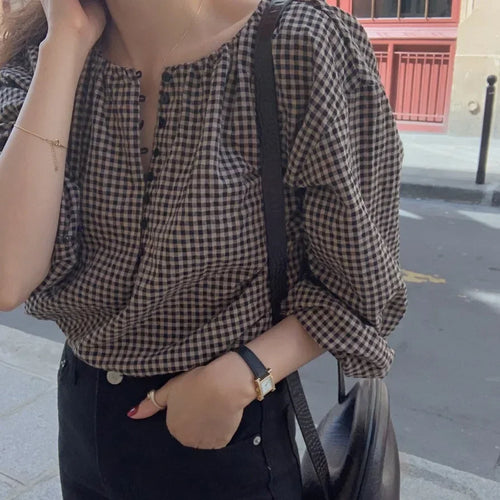 Blouses Women Button Fly Plaid Printed O-neck Shirts Womens Vintage Casual Loose Tops Chic Trendy Gentle Designer Retro Clothing