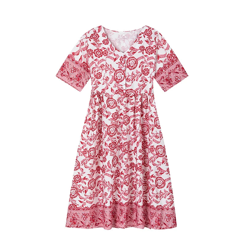 The New V-neck Floral Dress Beach Holiday Skirt Loose and Long Skirt