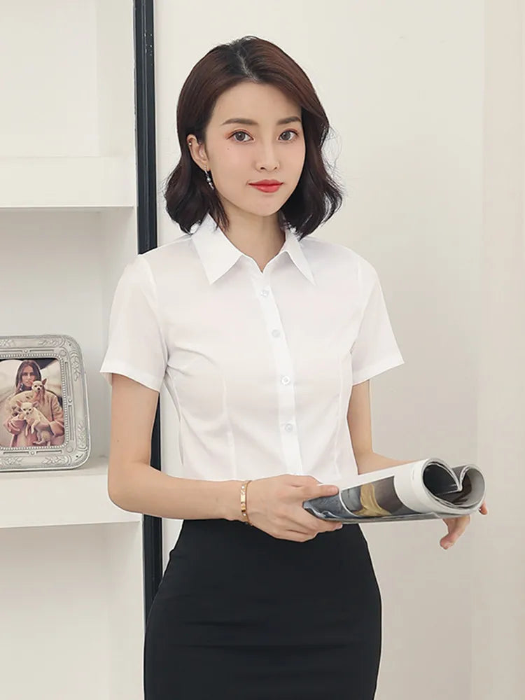 Fashion Woman Blouses 2024 V-neck Short Sleeve Solid Work Shirts Tops Pretty and Cheap Women's Blouse OL Elegant Female clothing