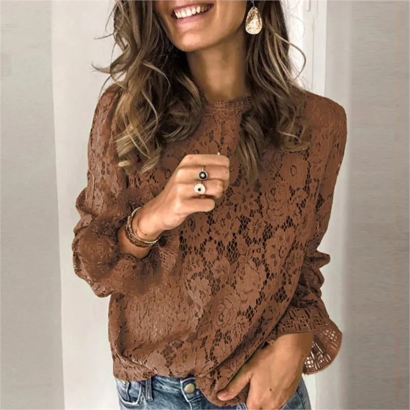 Elegant Blouses Women Fall Solid Color Flared Sleeve O-Neck Hollow Out Lace Shirt Sweater Long Sleeve   Top Blouse Women Clothes