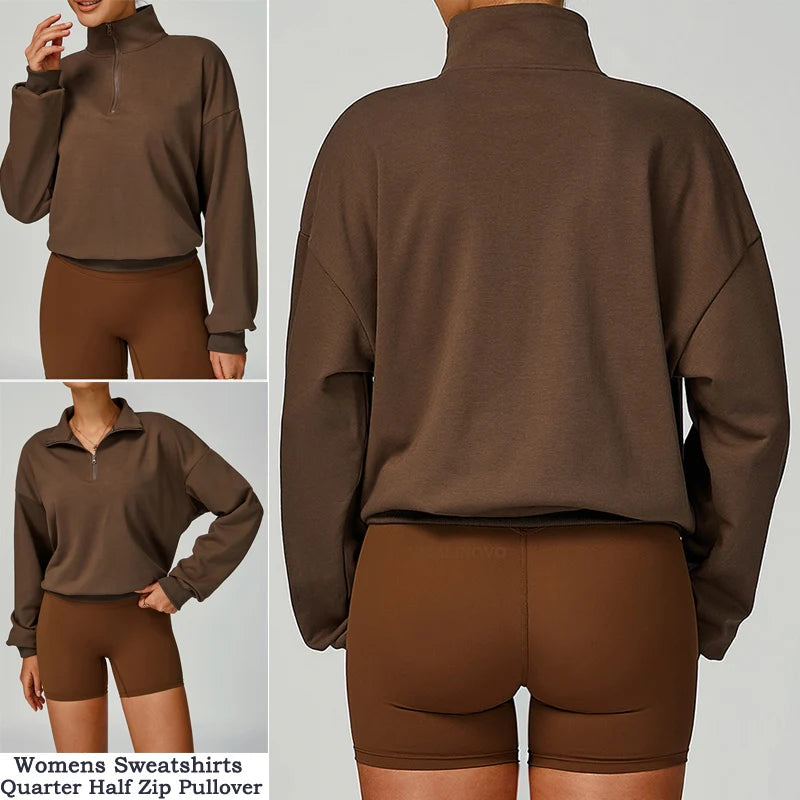 Cropped Sweatshirts for Women Cotton Long Sleeve Sweaters Quarter Zip Pullover Fall Outfits Oversized Hoodies Comfy Winter Cloth