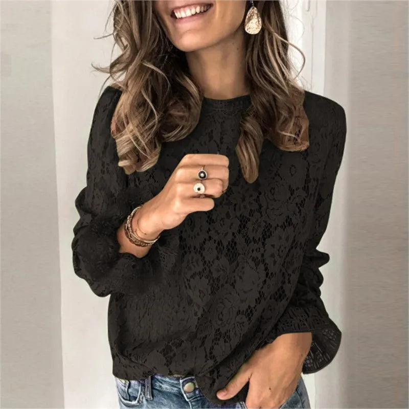 Elegant Blouses Women Fall Solid Color Flared Sleeve O-Neck Hollow Out Lace Shirt Sweater Long Sleeve   Top Blouse Women Clothes
