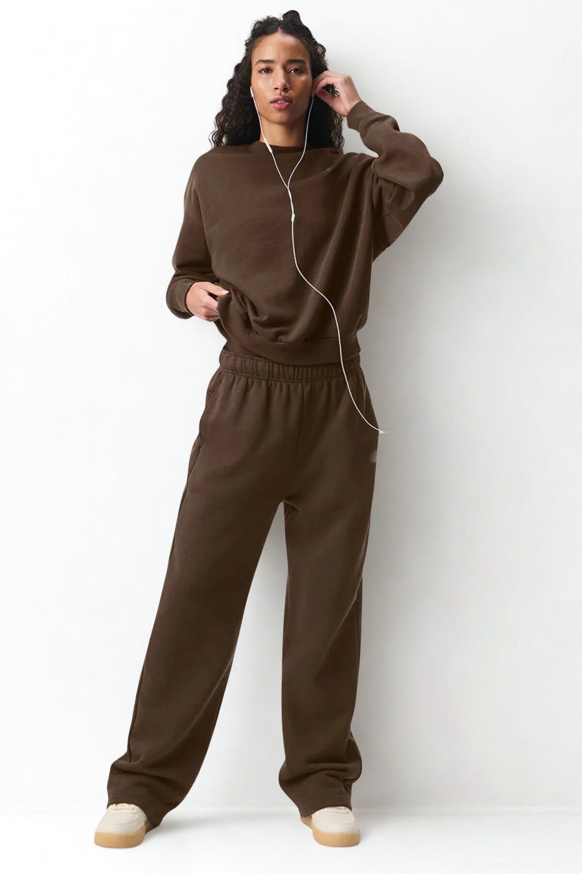 Basic Kahverengi Bisiklet Yaka Uzun Kollu Sweatshirt